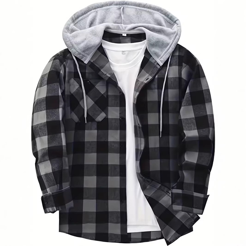 Cross-Border Foreign Trade Men's New Style Long-Sleeved Hooded Plaid Shirt