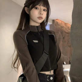 复古撞色长袖拉链外套女春季2024新款短款显瘦设计感辣妹高腰上衣