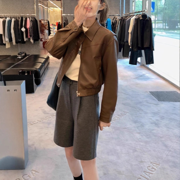 aaaaaxbbbb80s腔调 复古机车服短款棕色痞帅皮衣美式休闲夹克外套