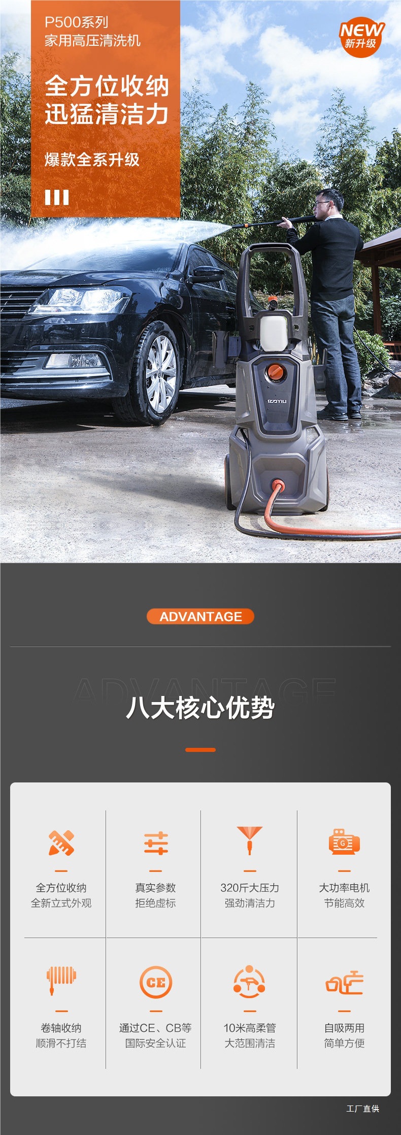 Yili Car Washing Machine High-Pressure Water Gun Household 220V Booster Pump Powerful Floor Cleaning Machine Portable Car Washing Machine Peihui
