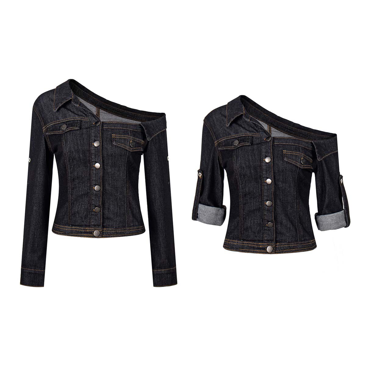 UNBDNS niche high-end design, sexy retro style, asymmetrical off-shoulder mid-sleeve denim jacket shirt for women.