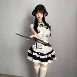 国风熊猫可爱印花上衣高腰显瘦围裙套装少女蛋糕裙蓬蓬新中式旗袍