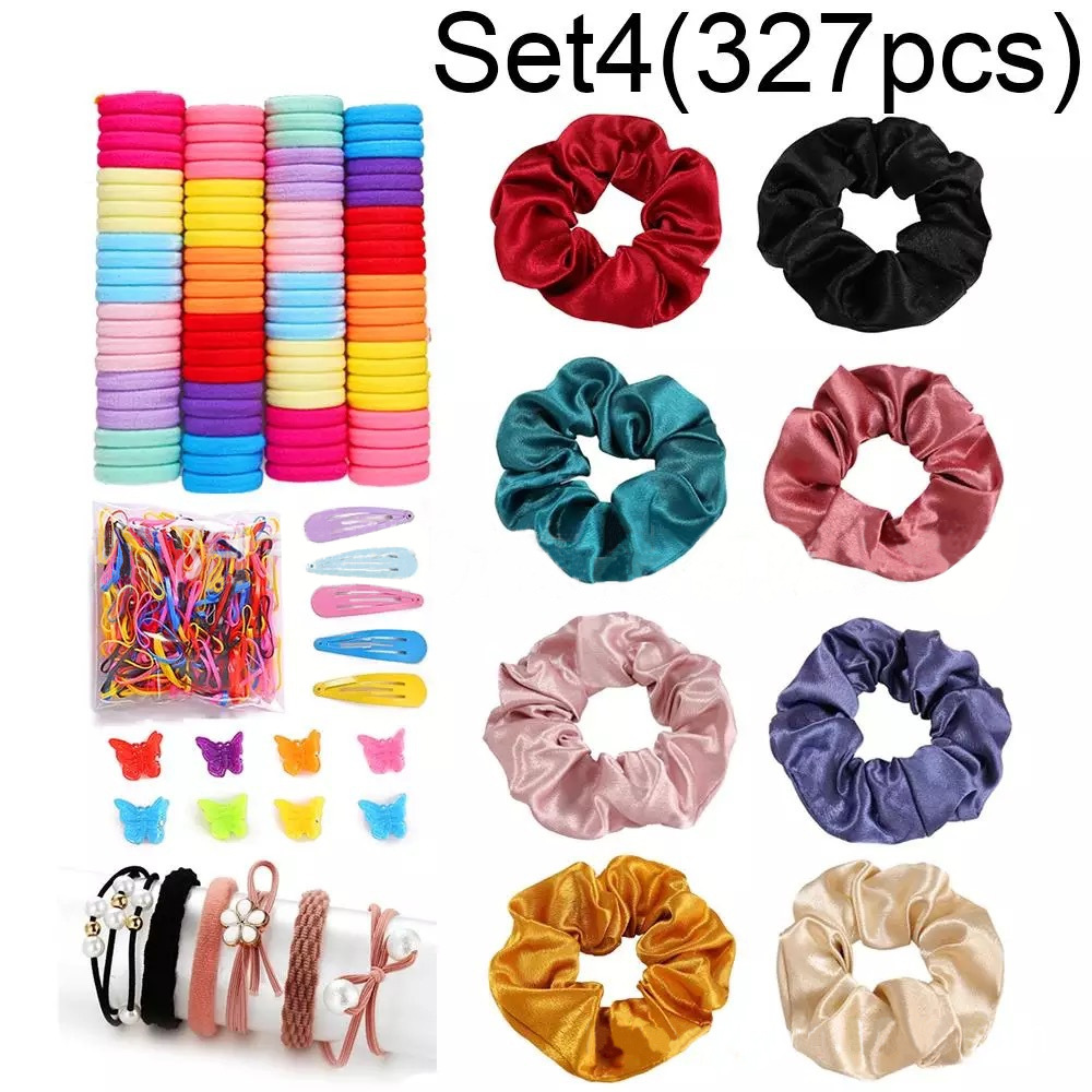 Accesorios para el cabello combinación traje banda de goma horquilla simple cuerda de pelo femenino satén color sólido cerdo intestino grueso anillo de pelo tocado de mariposa