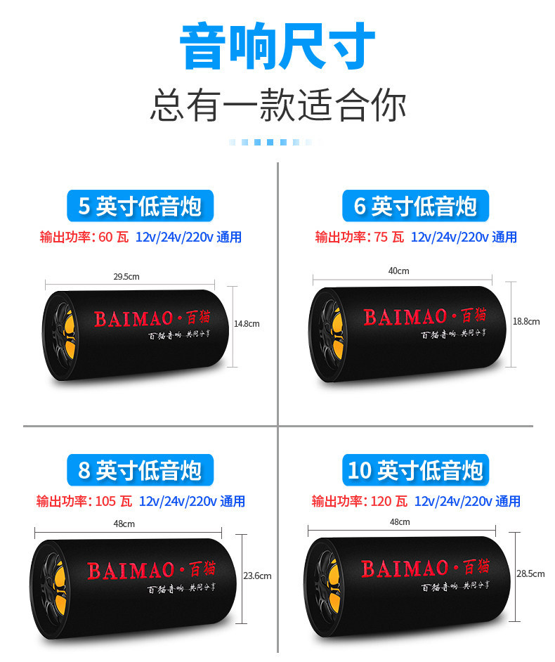 Suitable for cylindrical car-mounted Bluetooth subwoofers, other 2V-24V trucks, 220V home speakers, and motorcycles
