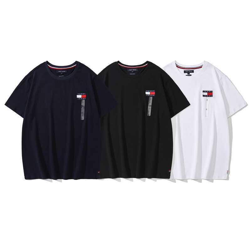 Tommy Men's Short-Sleeve T-Shirt Embroidered Base Shirt Half-Sleeve Cross-Border Dropshipping Women's T-Shirt Couple's Foreign Trade Trendy Casual Wear