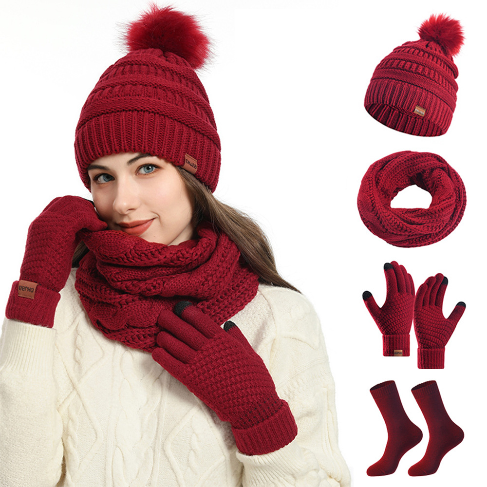 Foreign Trade Cross-Border Amazon Hot-Selling Pom-Pom Hat Set, Knitted Wool Hat, Scarf, Gloves, Socks Four-Piece Set