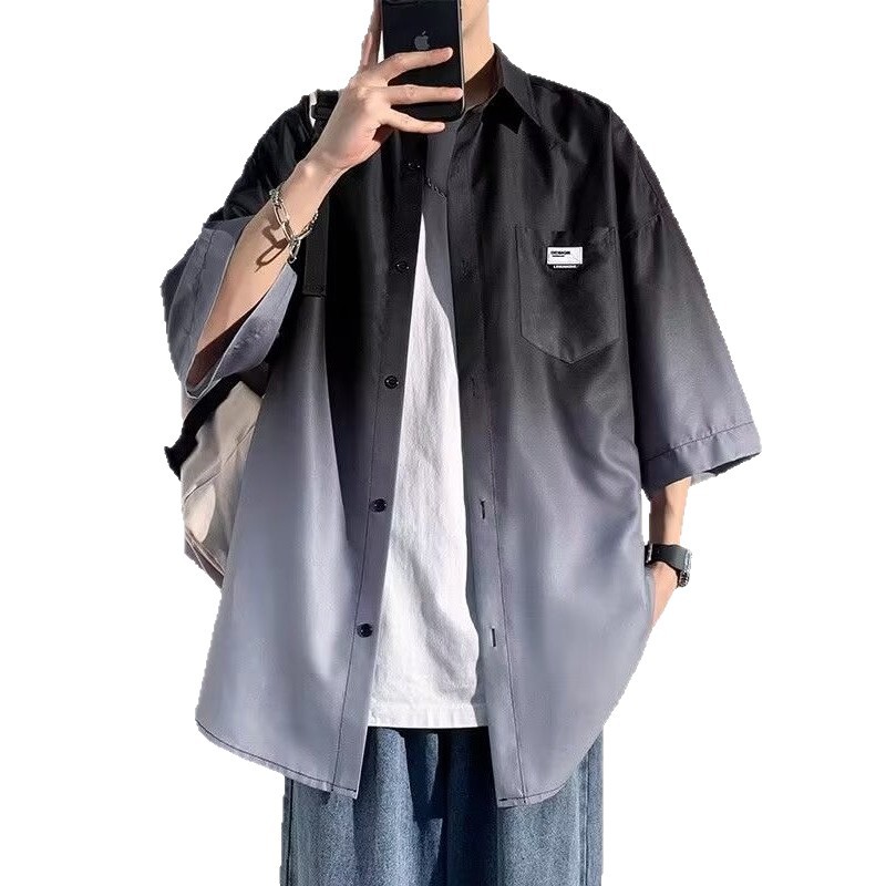 Summer Ice Silk Shirt Men's Gradient Shirt with Denim Shorts Hong Kong Style Wear Youth Fashion and Handsome Three-Piece Set