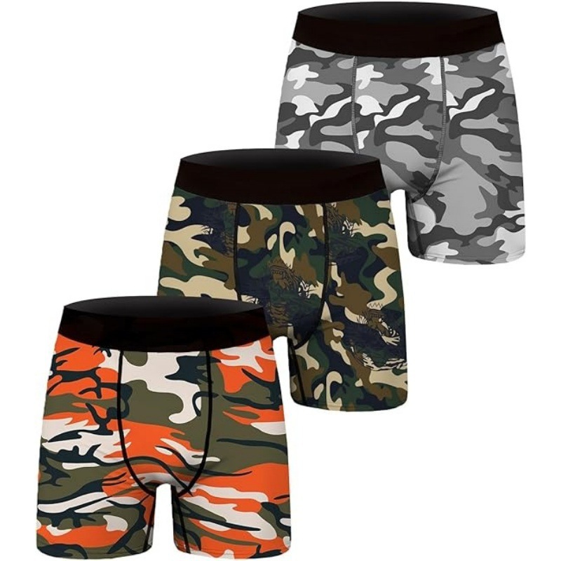 Ropa interior larga bóxer delgada de cintura media diaria para hombres 2024 venta caliente color de contraste camuflaje impresión digital 3D