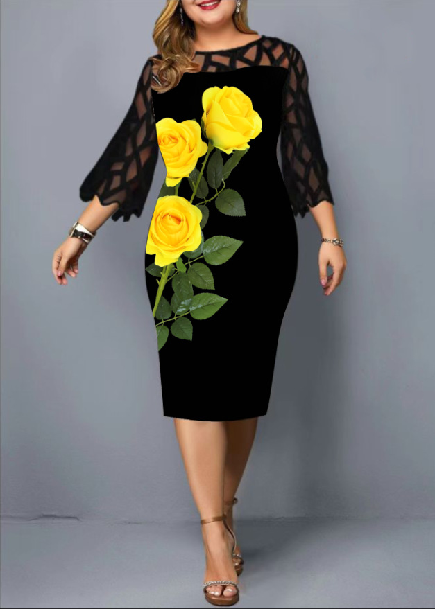 eBay速卖通2024春季新款数码印花蕾丝拼接七分袖连衣裙大码女装