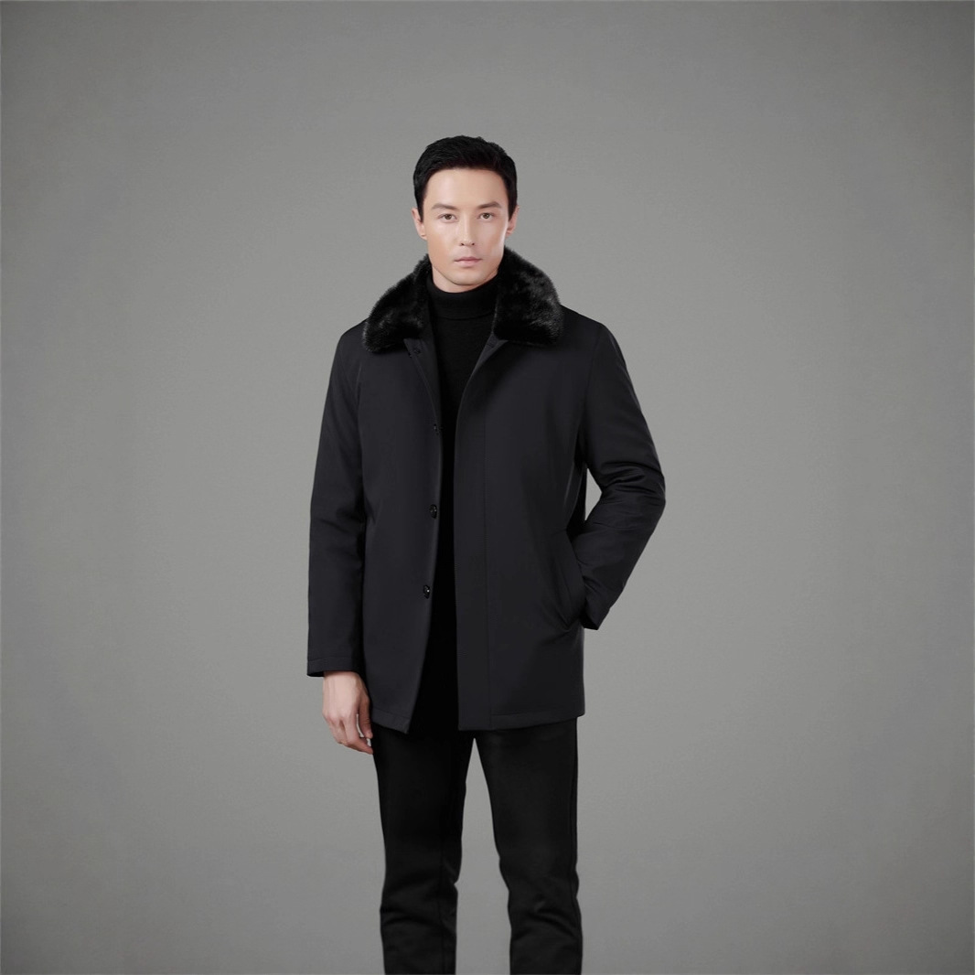 New men's winter parka with mink fur collar, warm and luxurious design, featuring mink buttons.