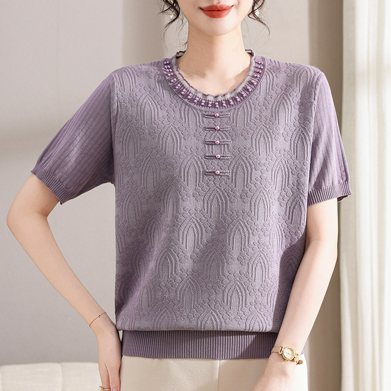 2026 New Style Chinese-Style Middle-Aged Women's Knitted T-Shirt, Age-Reducing Top, Mom's Summer Short-Sleeve Ice Silk Jacquard Blouse 2026 New Style Chinese-Style Middle-Aged Women's Knitted T-Shirt, Age-Reducing Top, Mom's Summer Short-Sleeve Ice Silk Jacquard Blouse