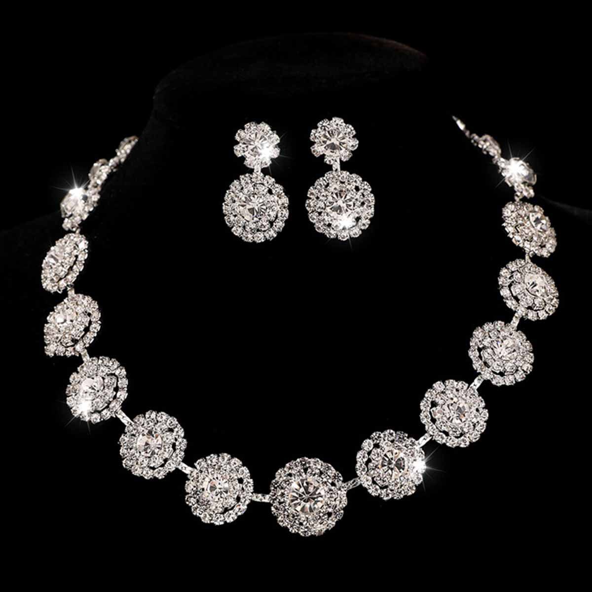 Set di gioielli più venduti transfrontalieri: accessori di lusso per feste di matrimonio da donna, collana con strass rotondi e_voghion.com