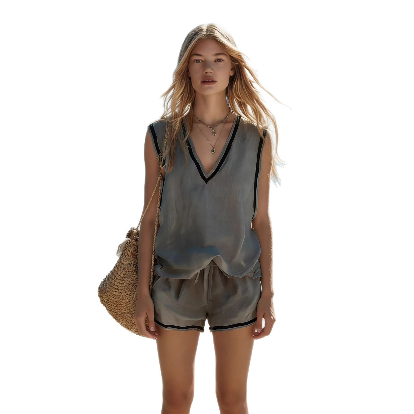Women's V Neck Vest And Shorts Set Casual Two Piece Solid Color Vacation Style_ecoleips.com