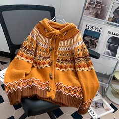 费尔岛复古牛角扣南瓜色连帽毛衣外套女秋冬2025新款宽松慵懒开衫