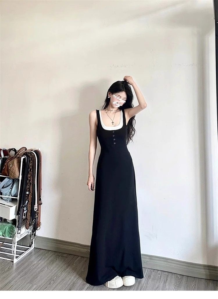 Đầm maxi nữ thắt eo dáng suông dây mảnh thiết kế kiểu Pháp — màu đen chi tiết 7