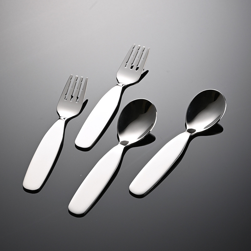Aien 304 Stainless Steel Kidsren's Flat Square Handle Tableware Creative Spoon and Fork Baby Small Spoon Small Fork Training Feeding Aid