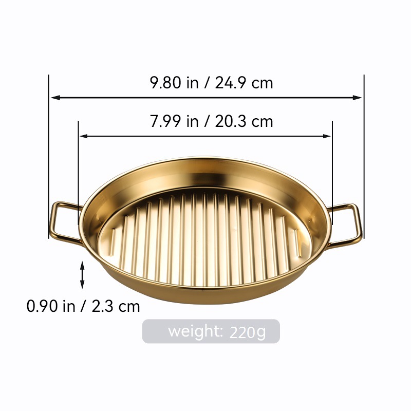 Bandeja redonda de barbacoa de acero inoxidable transfronteriza bandeja de mariscos de doble oreja dorada bandeja de filete bandeja de aperitivos filtrada bandeja de patatas fritas