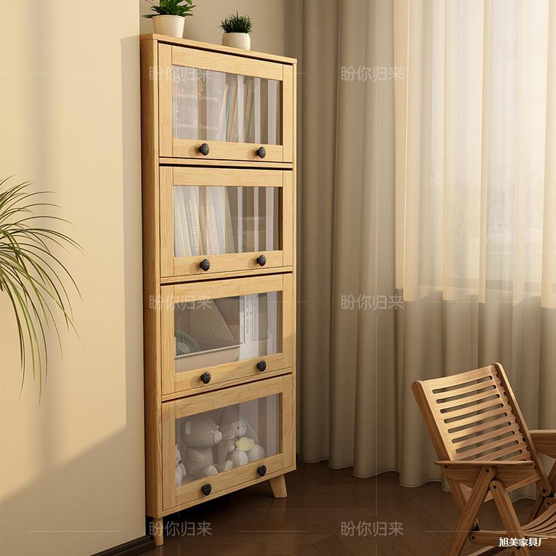 Solid Wood Bookcase with Glass Door Dust-Proof Floor-Standing Children's Bookshelf Magazine Cabinet Living Room Storage Cabinet Display Storage Cabinet