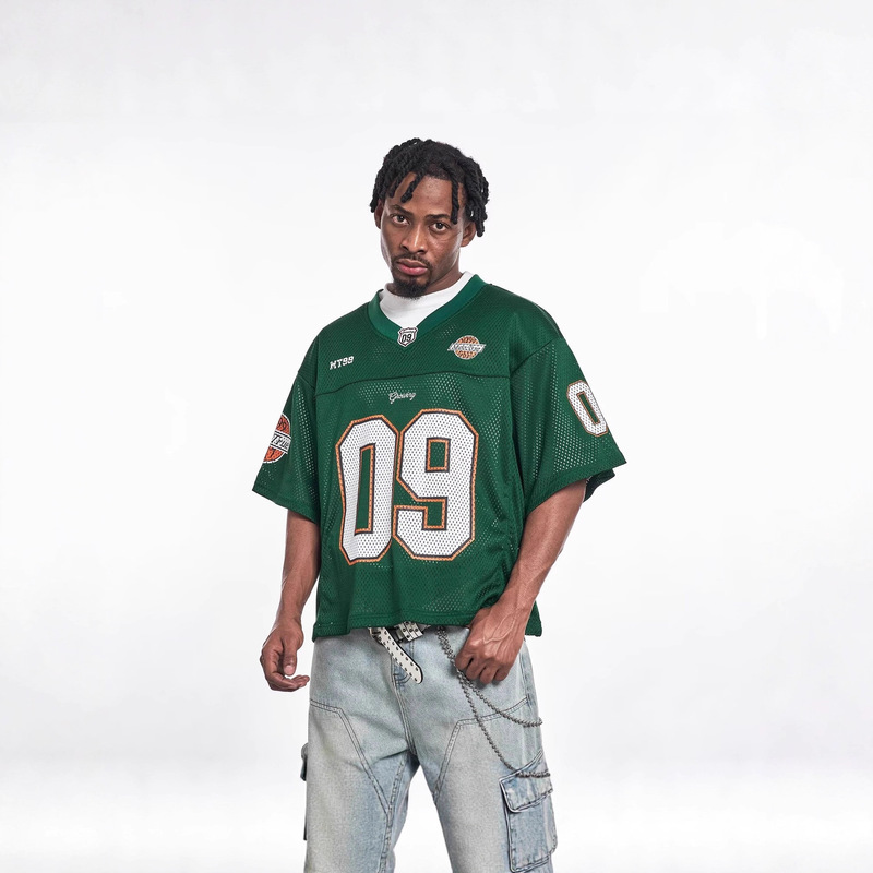 Foreign Trade Cross-Border American Trendy Blockcore Mesh Embroidered Silhouette T-Shirt for Men and Women Same Style V-Neck Sports Jersey