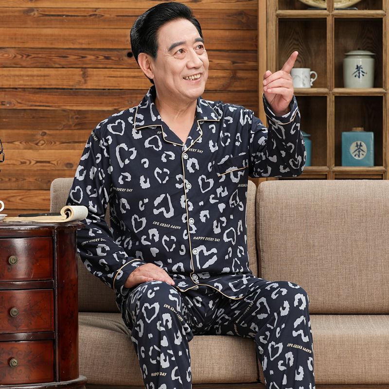 Pijamas de mediana edad y ancianos hombres 100% algodón primavera y otoño manga larga otoño e invierno más tamaño viejo papá traje de uso doméstico