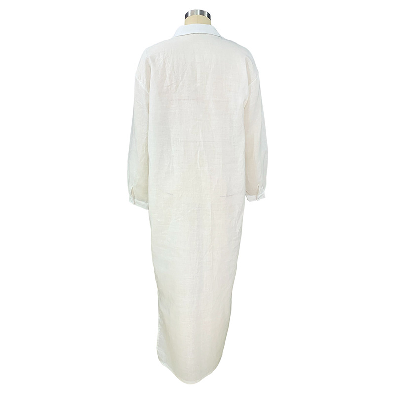 Fall Women Clothing Solid Color Loose Lapels Mid Length Cotton Linen Shirt Dress