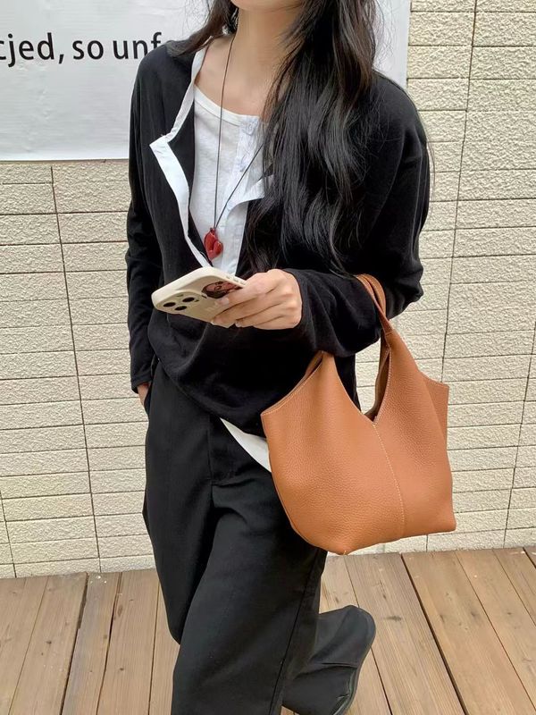 新款头层牛皮菜篮子包包女手提水桶包大容量休闲通勤单肩斜挎女包|undefined