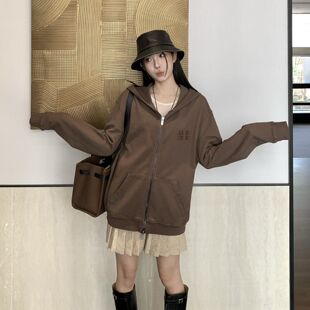 High version 25 autumn and winter new miu patch cloth letter embroidery retro loose casual double zipper hooded sweater women