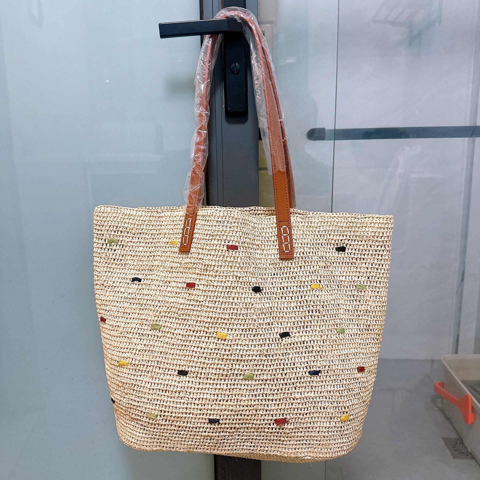 Japanese Style Hand-Crocheted Raffia Spliced Genuine Leather Strap Woven Bag For Women, Beach Vacation Embroidered Tote Shoulder Bag - Thumbnail 3