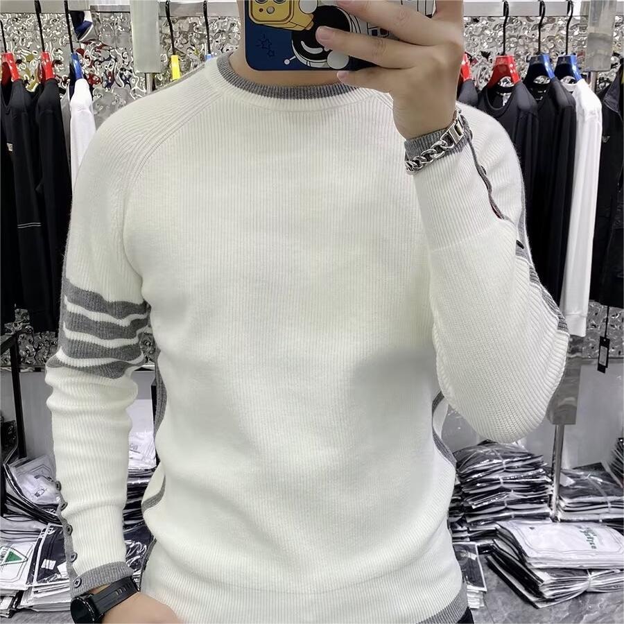 Crewneck Sweater Men's Slim-fit Autumn and Winter Striped Slim-fit Youth Inner Top Trendy Brand 2024 New Knitted Base Shirt