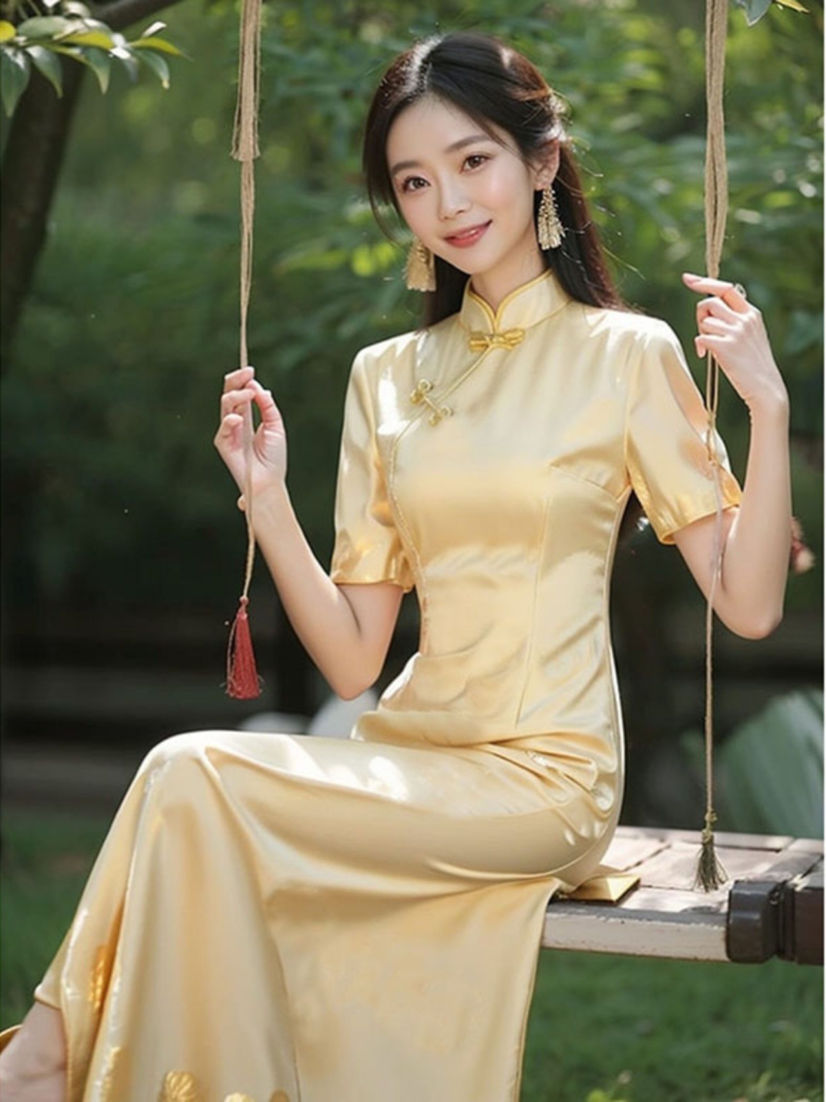 Váy dài sườn xám cải tiến phong cách Trung Quốc mùa hè tay ngắn màu vàng — Váy ngắn tay màu vàng chi tiết 4