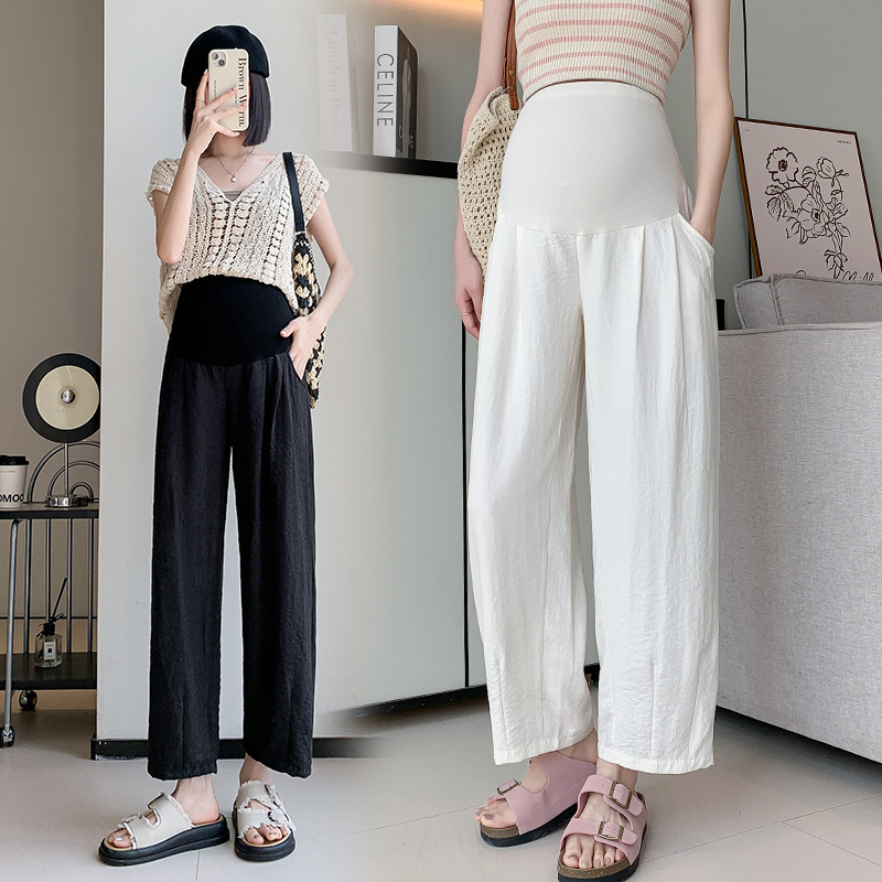 Pregnant Women's Pants 2025 Spring and Summer Outer Wear Loose Belly-supporting Wide-leg Pants Nine-point Small Man's Milk Original Frozen Silk Pants