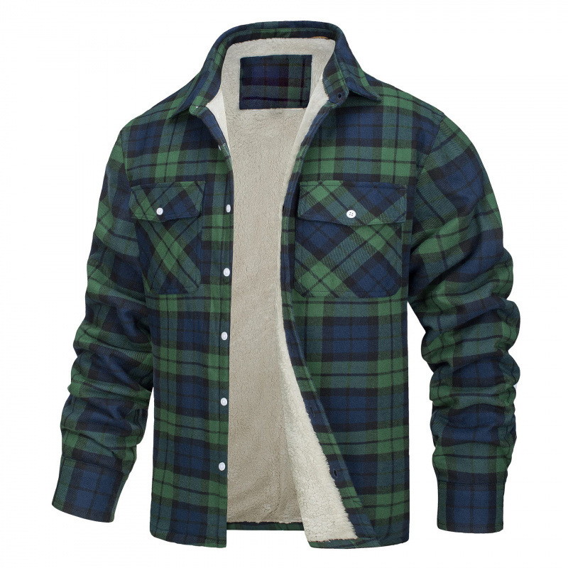 European and American men's 2026 fleece-lined jacket, long-sleeved, with a collar, fleece-lined, plaid pattern, loose fit, warm, casual men's jacket