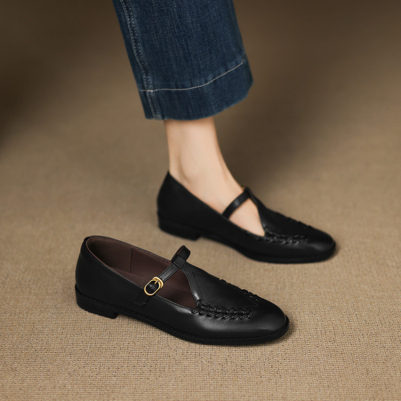 2cm~复古编织丁字扣玛丽珍鞋女2025秋季新款真皮单鞋英伦风小皮鞋