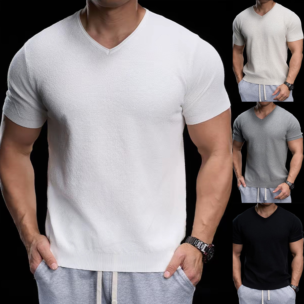 Camiseta de punto de manga corta camiseta elástica hombre V cuello de pollo corazón viejo viento de negocios hielo verano fábrica transfronteriza al por mayor
