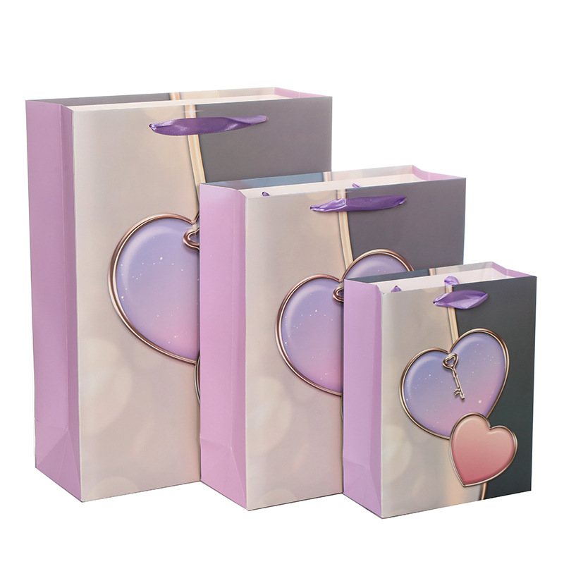外贸现货供应手提袋白卡纸紫色爱心情人节礼物包装礼品袋货源批发