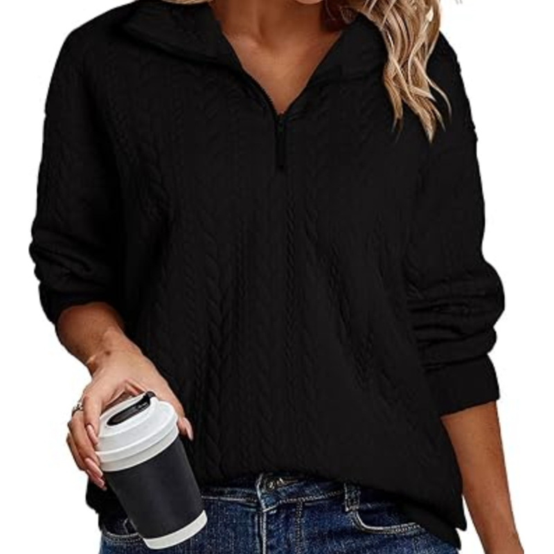 Women's Clothing autumn and winter new solid color women's long sleeved zipper lapel sweatshirt_voghion.com