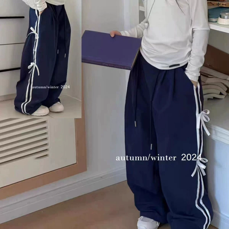 Корейская детская одежда для девочек осенние брюки 2024 новый боковой бант детские спортивные брюки