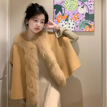 实拍实价 收腰长袖针织打底连衣裙+ 呢子短款无袖斗篷皮草外套女