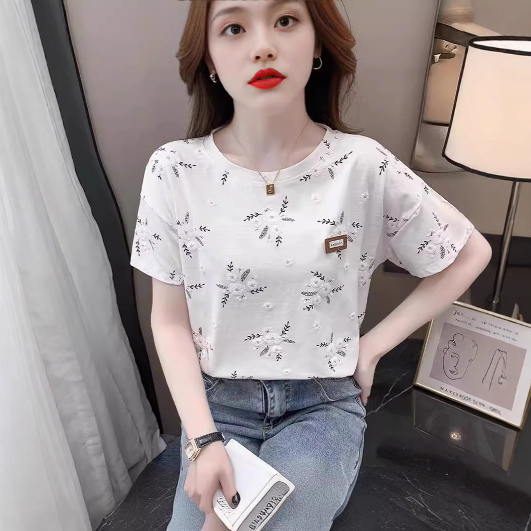 Plus Size Women's Printed Women's T-Shirt Short-Sleeved Korean Style 2025 Summer New Foam Floral Loose Versatile Top