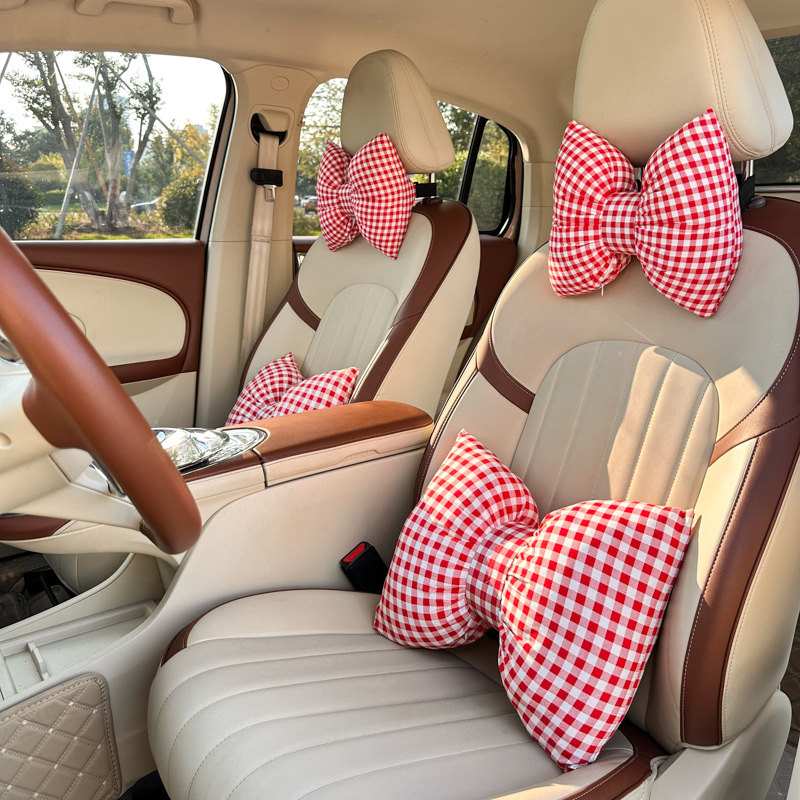 2026 New Car Accessories Cotton Butterfly-Shaped Small Checkered Red Headrest and Lumbar Support
