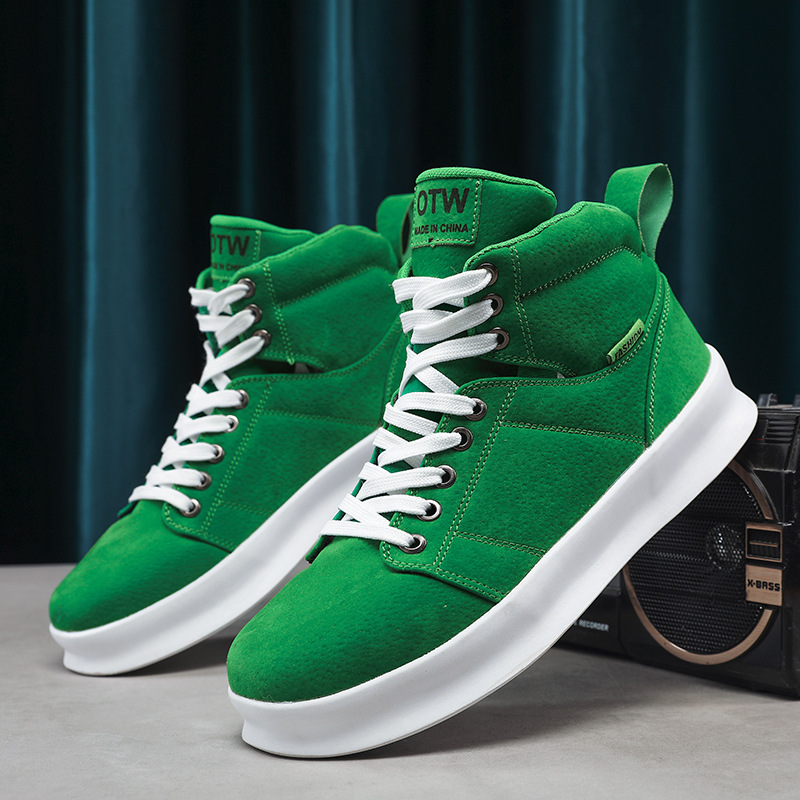 2025 Autumn New Men's Workwear Style Thick Sole Height-Increasing Student Sneakers Casual Green Canvas High-Top Shoes_voghion.com