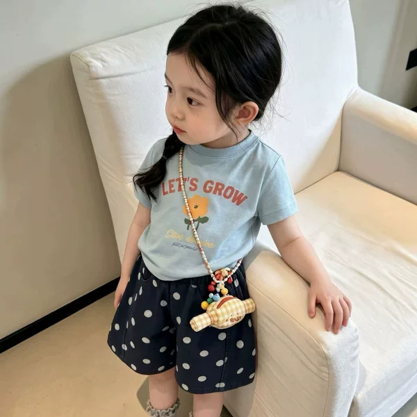 Girls' Summer T-Shirt and Shorts Set, Stylish Polka Dot Casual Breathable Hot Pants, Sweet Printed Short-Sleeve Top