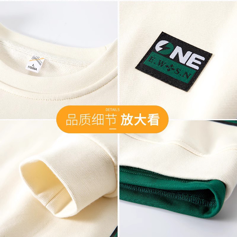 2025 春と秋の新作ラウンドネックスウェットシャツメンズルーズカジュアル長袖 Tシャツ男性用フェイクツーピーストップスとボトムスシャツ