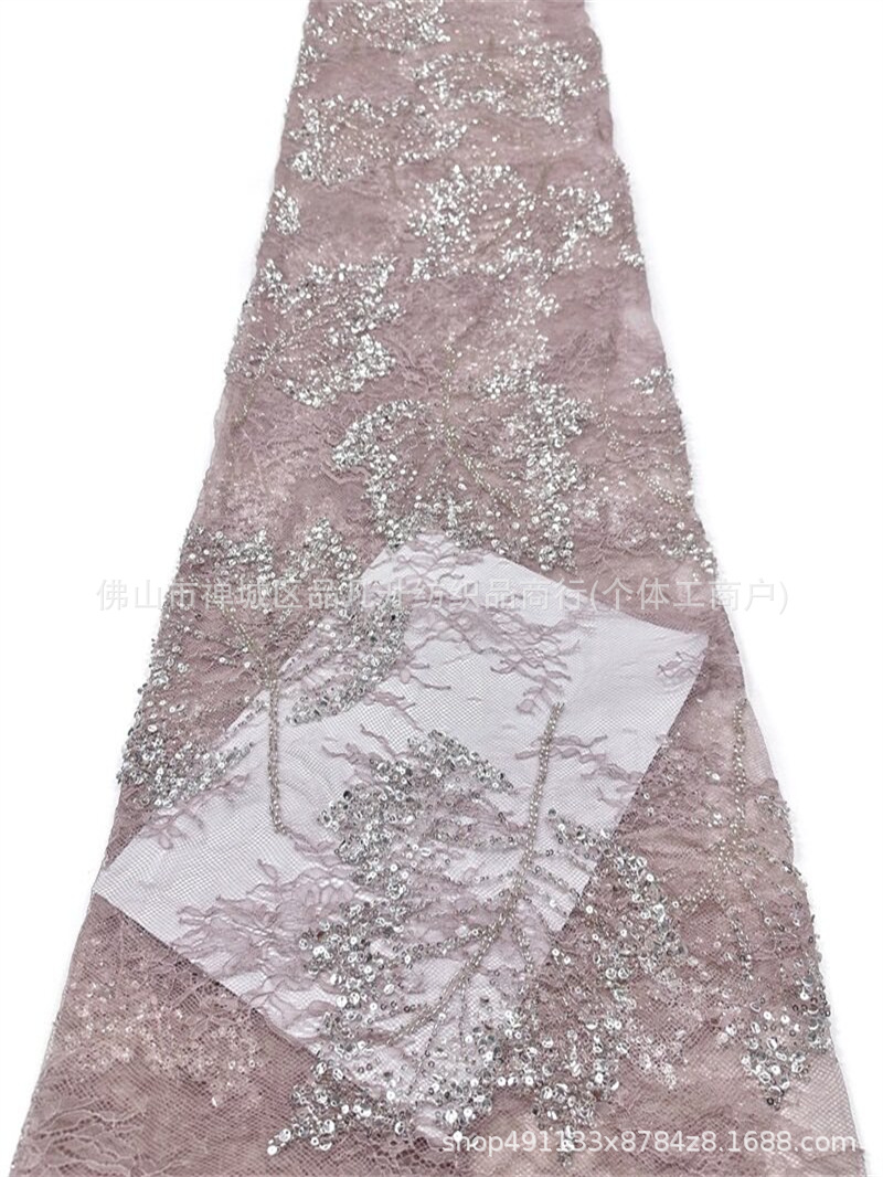 Nuevo encaje de hoja de arce hecho a mano tela de cuentas de clavado sequilla cola de pescado vestido de brindis cena anual vestido de tela en stock