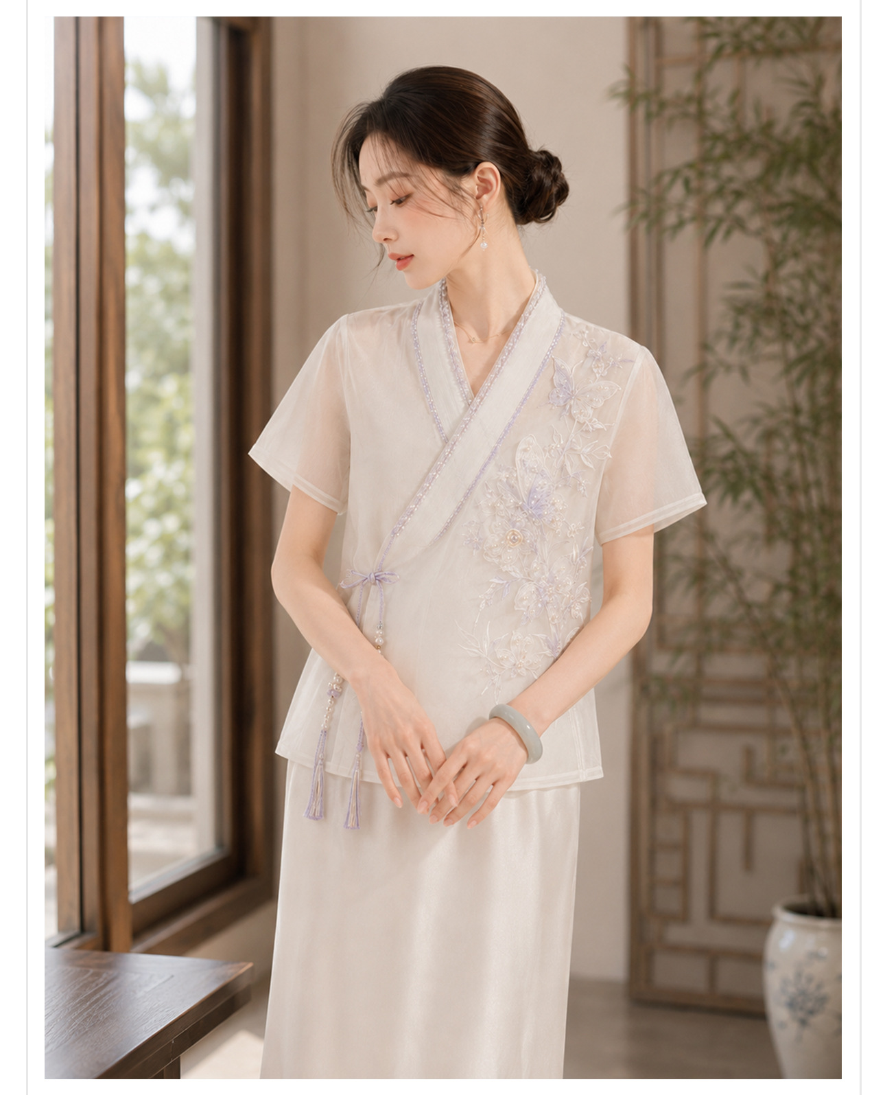 Áo sơ mi nữ cổ chữ V thêu túi, tua nút — màu mơ chi tiết 6