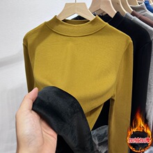 【冰罗纹复合真超】加绒加厚半高领T恤女2024冬新款保暖上衣打底