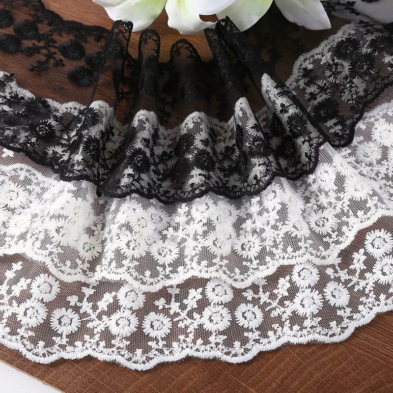 12CM双边牛奶丝刺绣花边三朵小花头饰发饰配件蝴蝶结绑带花边辅料