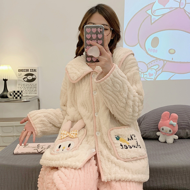 2023 nuevo meildi chica otoño y el invierno de manga larga coral fleece engrosada lindo dibujos animados abrigo franela traje