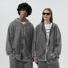 欧美做旧开衫卫衣定制印logo拉链连帽大码落肩复古大毛圈oversize