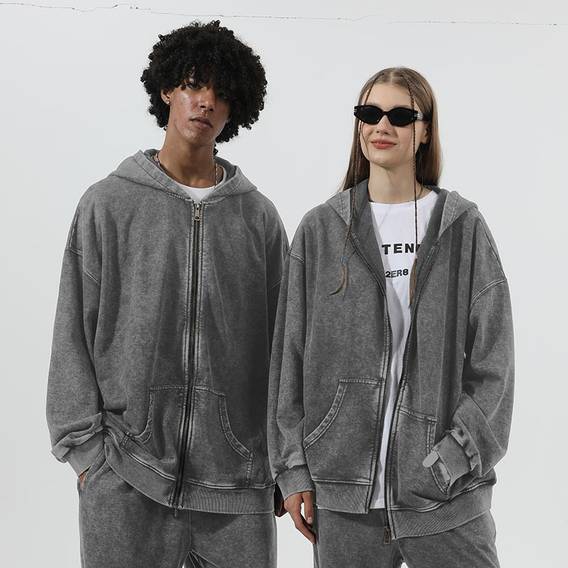 欧美做旧开衫卫衣定制印logo拉链连帽大码落肩复古大毛圈oversize